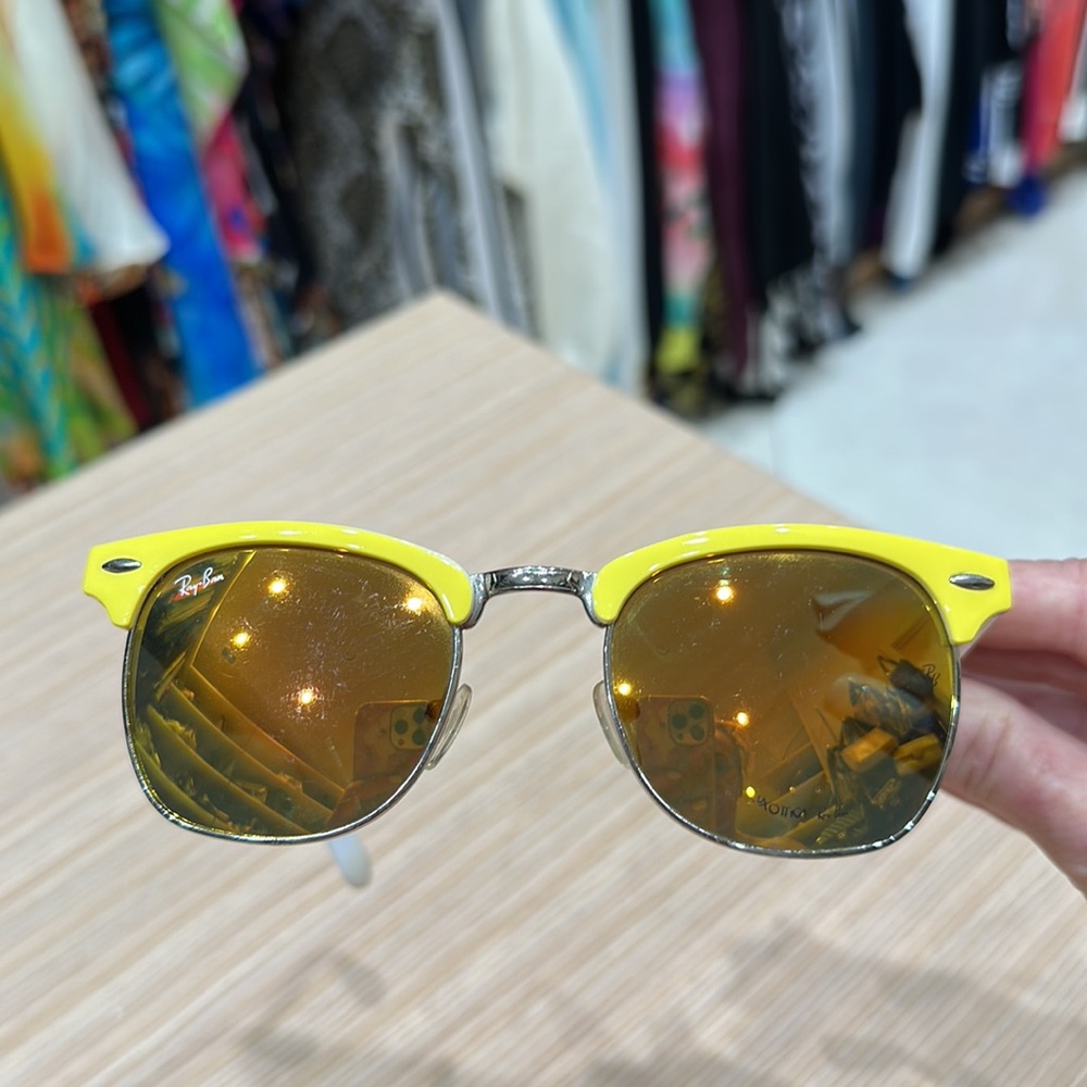 Yellow and White Ray-Ban Sunglasses with Yellow Mirrored Lenses